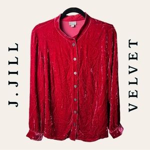 WOMEN’S J.JILL VELVET LONG SLEEVE TOP BUTTON UP BUTTON CUFFS SIZE LARGE RED